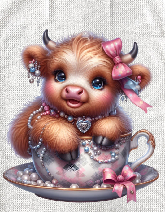 TOWELS - HIGHLAND COW TEACUP PINK SPOTTED BOW