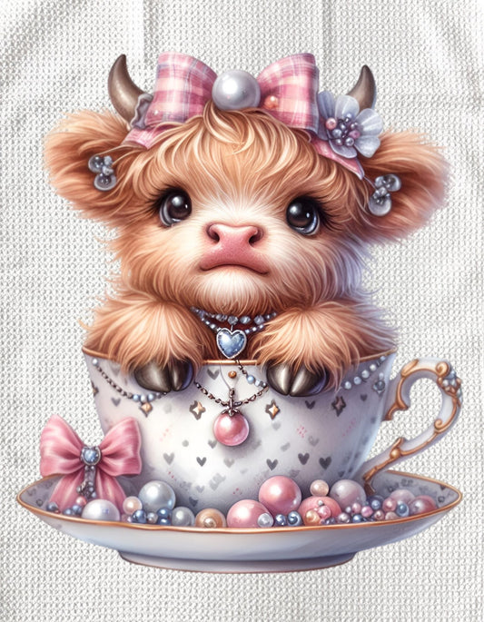 TOWELS - HIGHLAND COW TEACUP PEARL PINK GINGHAM