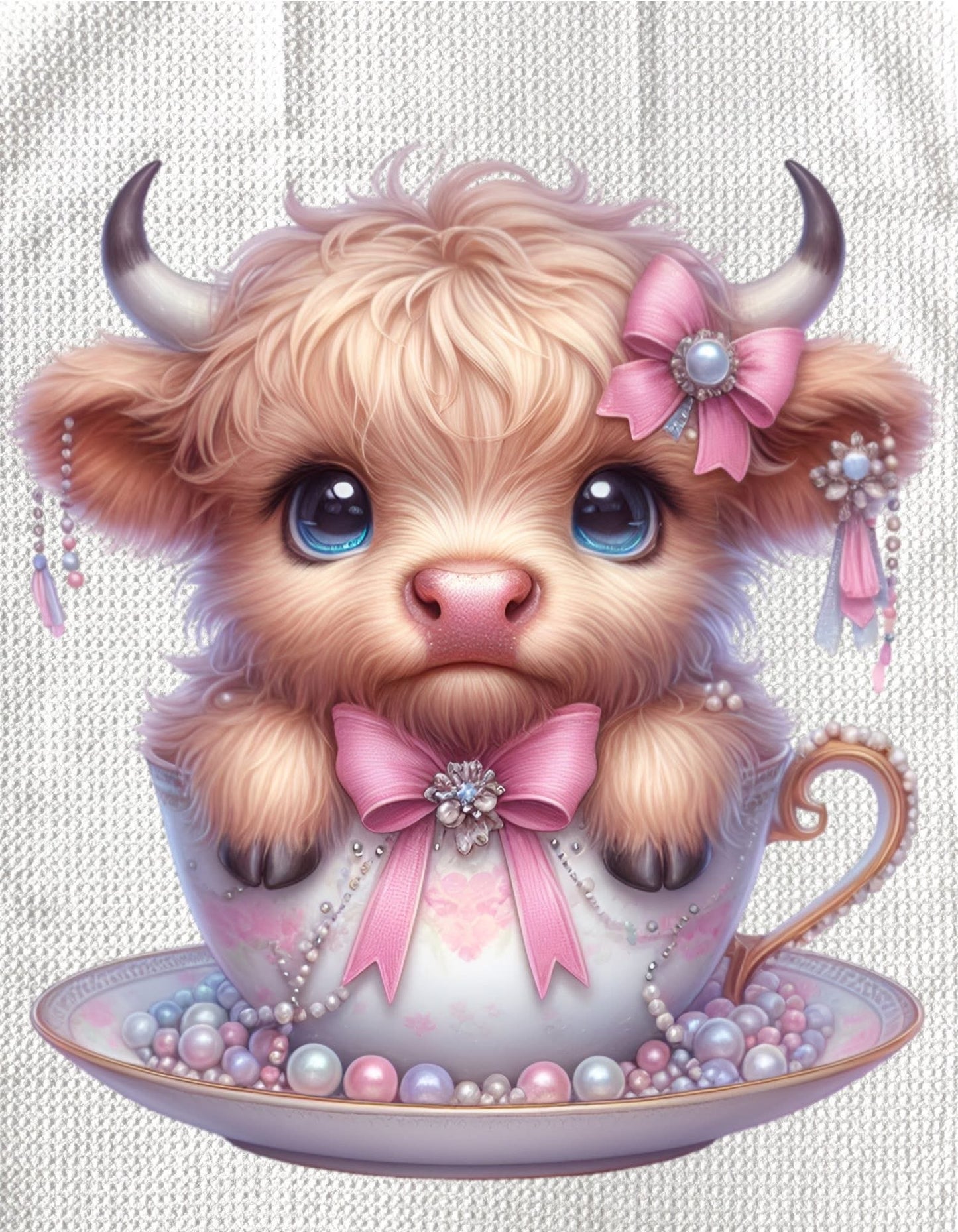 TOWELS - HIGHLAND COW TEACUP PINK BOW W/PEARL