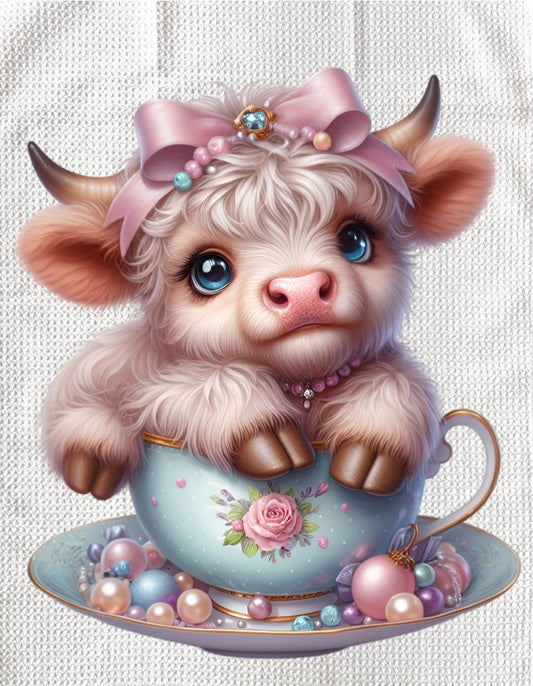 TOWELS - HIGHLAND COW TEACUP BLUE WITH ROSE