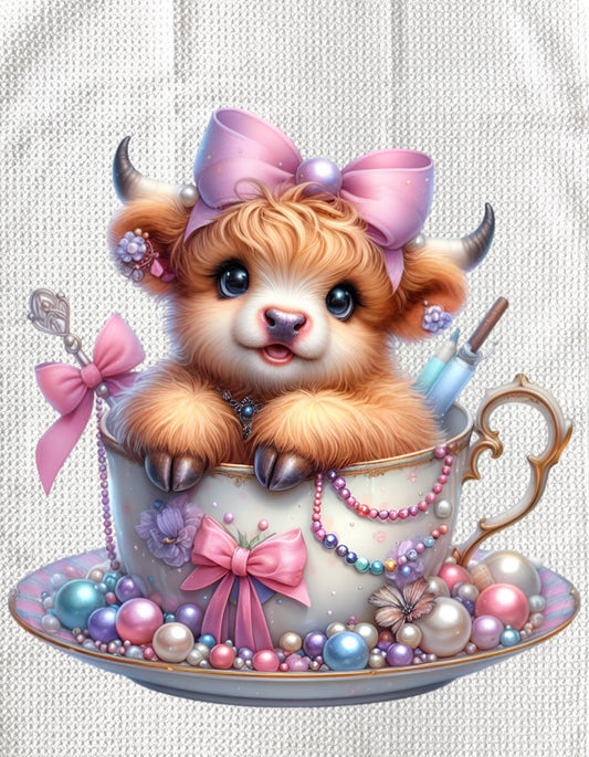 TOWELS - HIGHLAND COW TEACUP SPOON & PEARLS