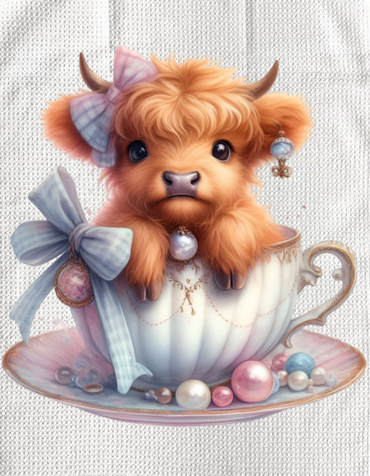 TOWELS - HIGHLAND COW TEACUP BLUE GINGHAM BOW