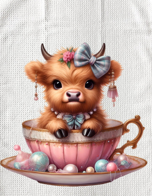 TOWELS - HIGHLAND COW TEACUP PINK & TEAL PEARLS