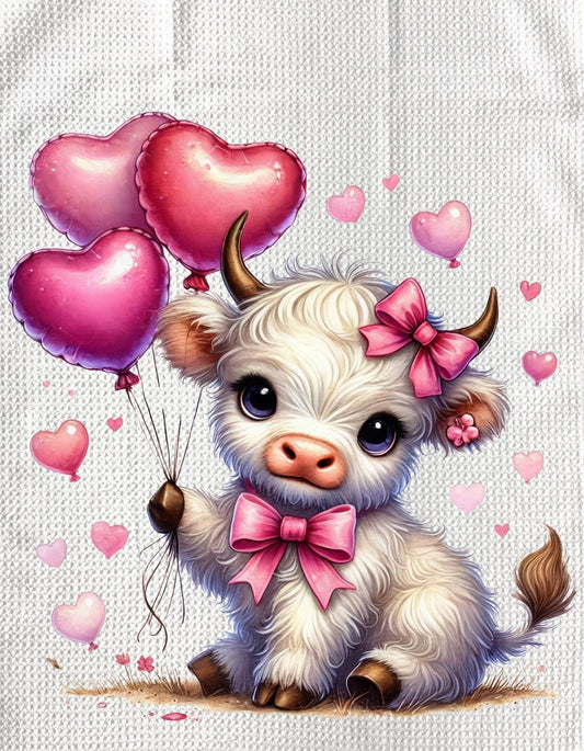 TOWELS - VALENTINE'S HIGHLAND COW WHITE PINK BALLOONS