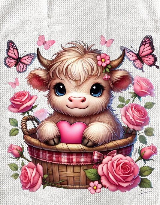 TOWELS - VALENTINE'S HIGHLAND COW BASKET & BUTTERFLIES