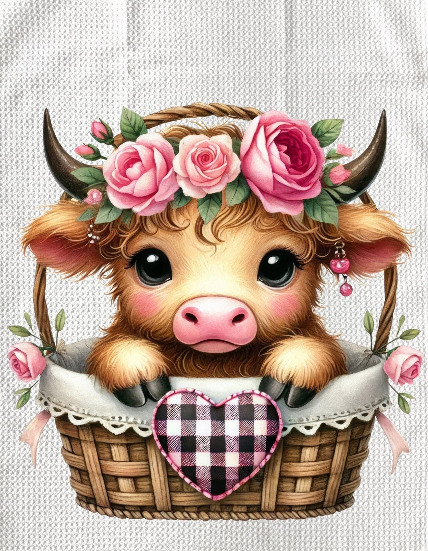 TOWELS - VALENTINE'S HIGHLAND COW GINGHAM HEART