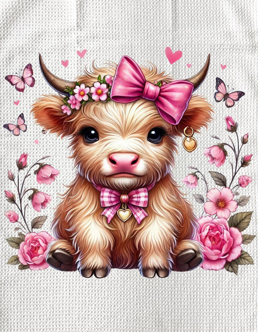 TOWELS - VALENTINE'S HIGHLAND COW PINK BOW & ROSES