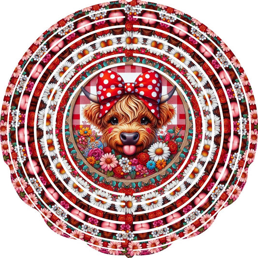 Wind Spinner with Jewel Strand Highland Cow Valentine's Polka Dot Bow