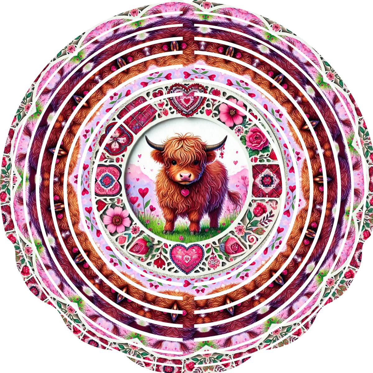 Wind Spinner with Jewel Strand Highland Cow Valentine's Pink Heart