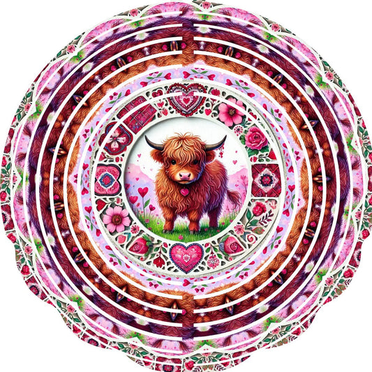Wind Spinner with Jewel Strand Highland Cow Valentine's Pink Heart