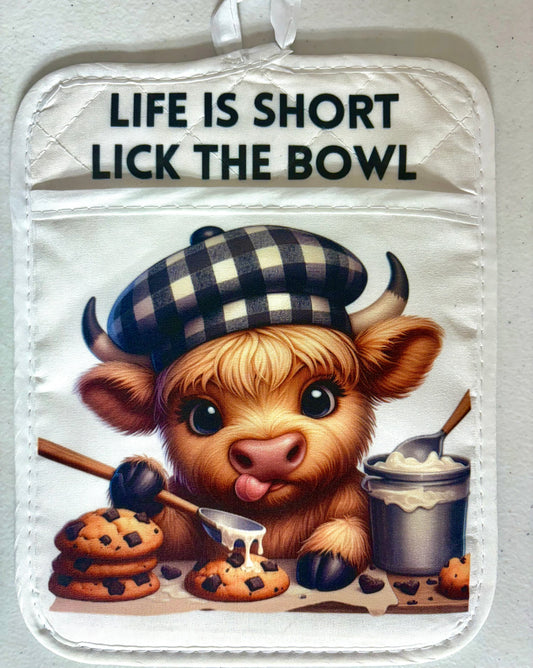 POT HOLDER - HIGHLAND COW LICK THE BOWL
