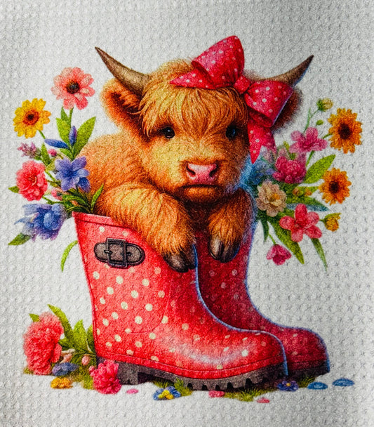 TOWELS - HIGHLAND COW RAINBOOTS PINK