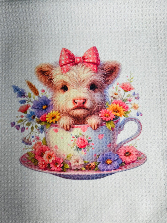 TOWELS - HIGHLAND COW TEACUP PINK BOW