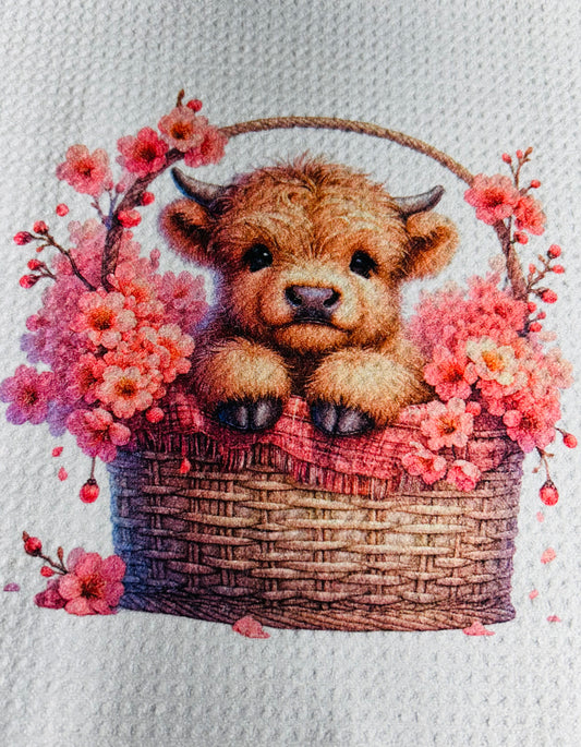 TOWELS - HIGHLAND COW FLOWERS BASKET PINK