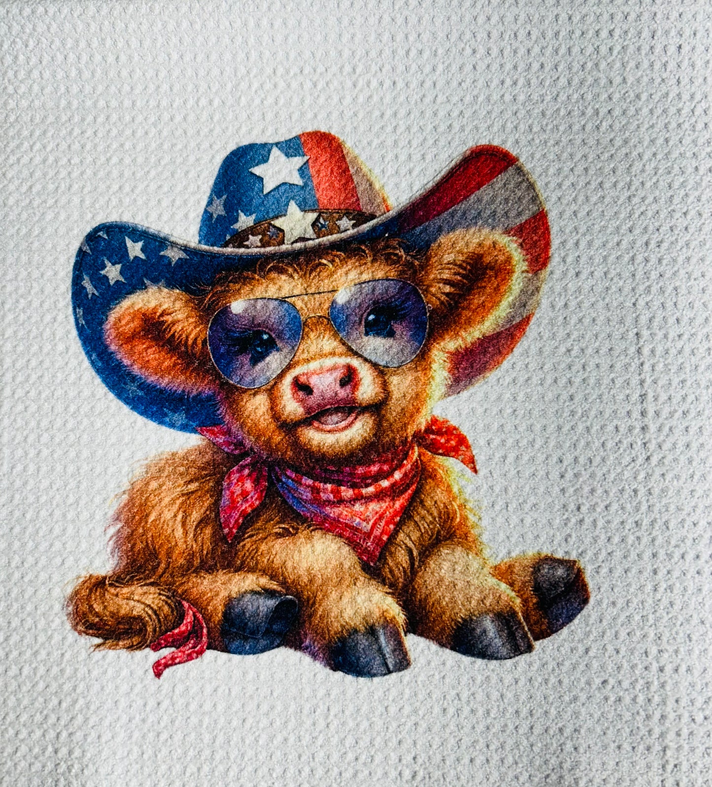 TOWELS - HIGHLAND COW HAT AMERICAN FLAG WITH SUNGLASSES