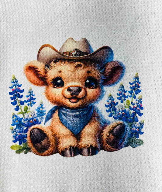 TOWELS - HIGHLAND COW HAT BLUE BANDANA & FLOWERS