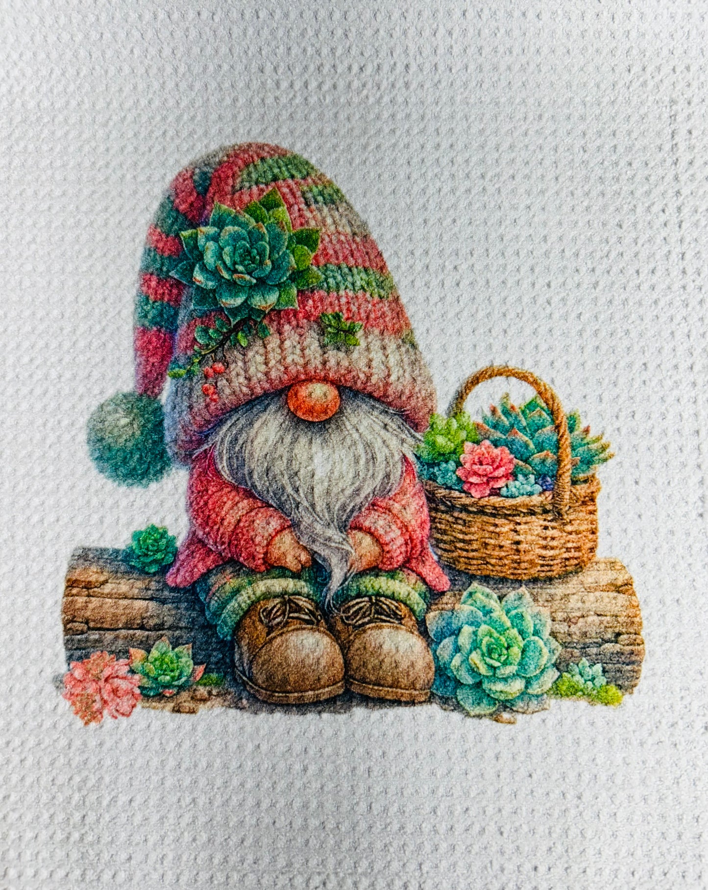 TOWELS - GNOME SUCCULENTS SITTING ON LOG