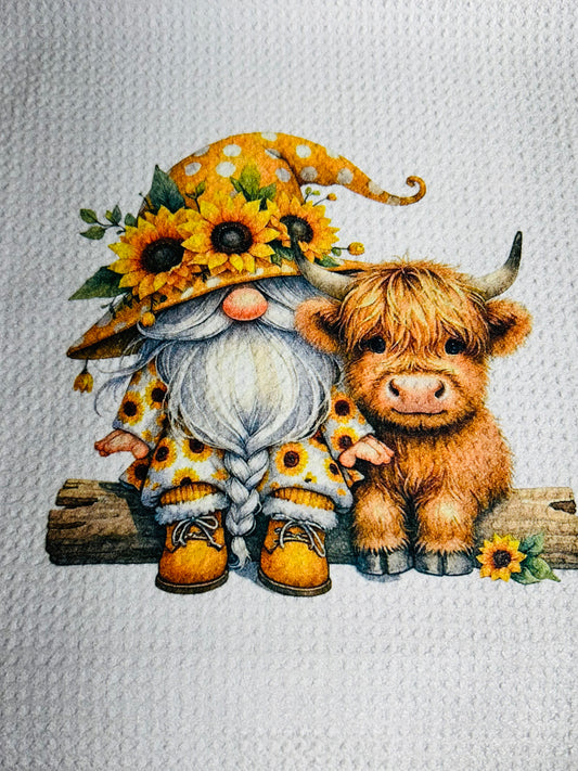 TOWELS - GNOME FLOWERS YELLOW WITH HIGHLAND COW