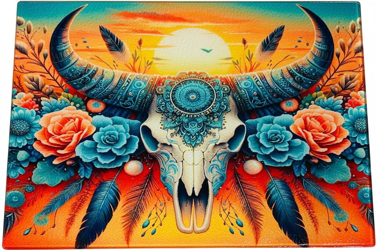 Tempered Glass Cutting Board Southwest Skulls with Decorations