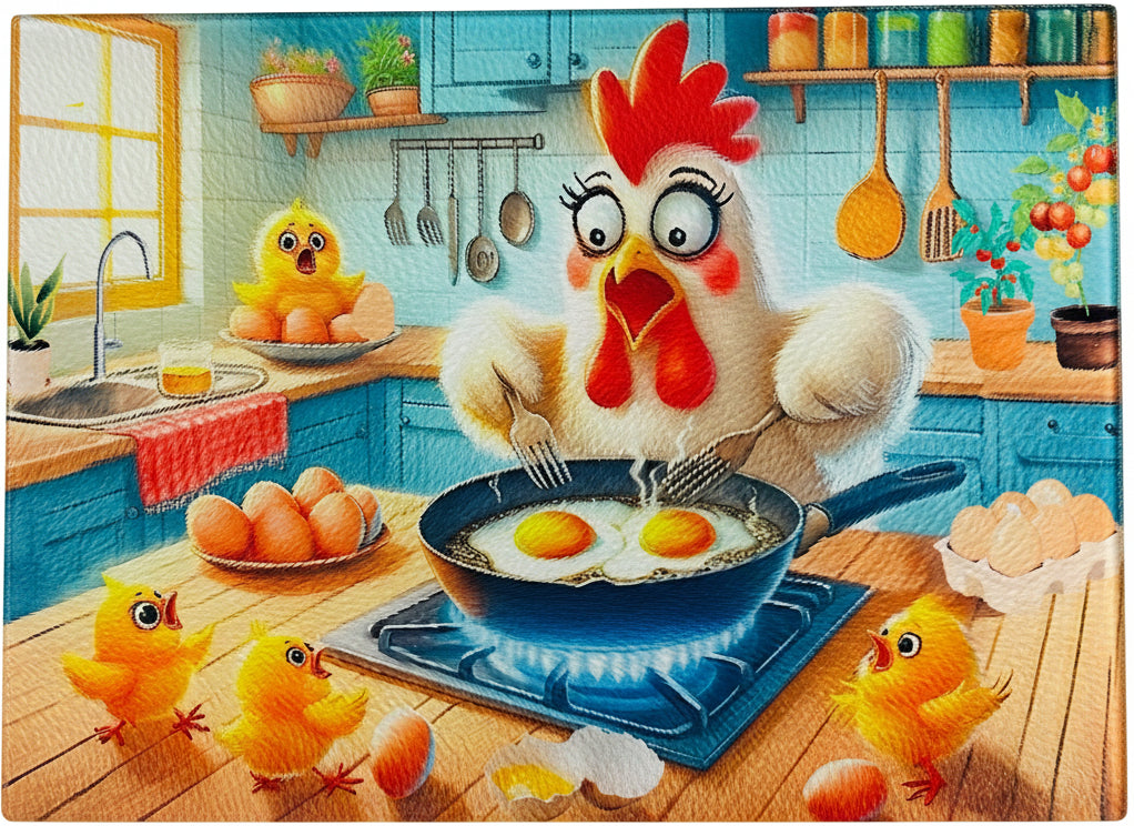 Tempered Glass Cutting Board Chicken/Rooster Cooking Eggs