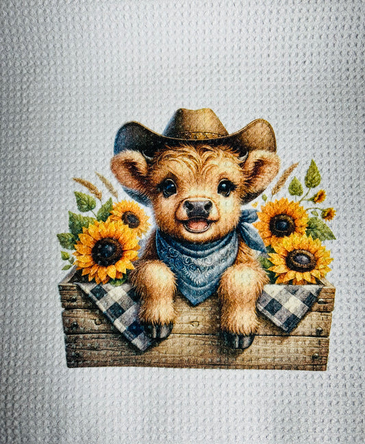 TOWELS - HIGHLAND COW HAT SUNFLOWERS IN BOX