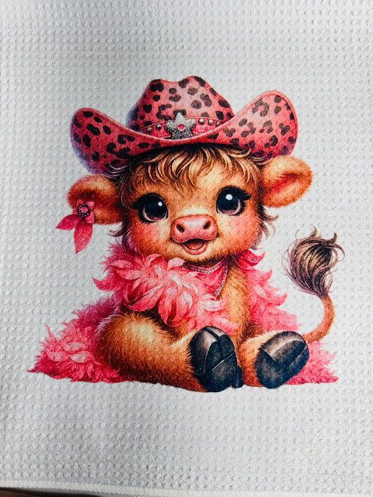 TOWELS - HIGHLAND COW HAT PINK ANIMAL PRINT & BOA