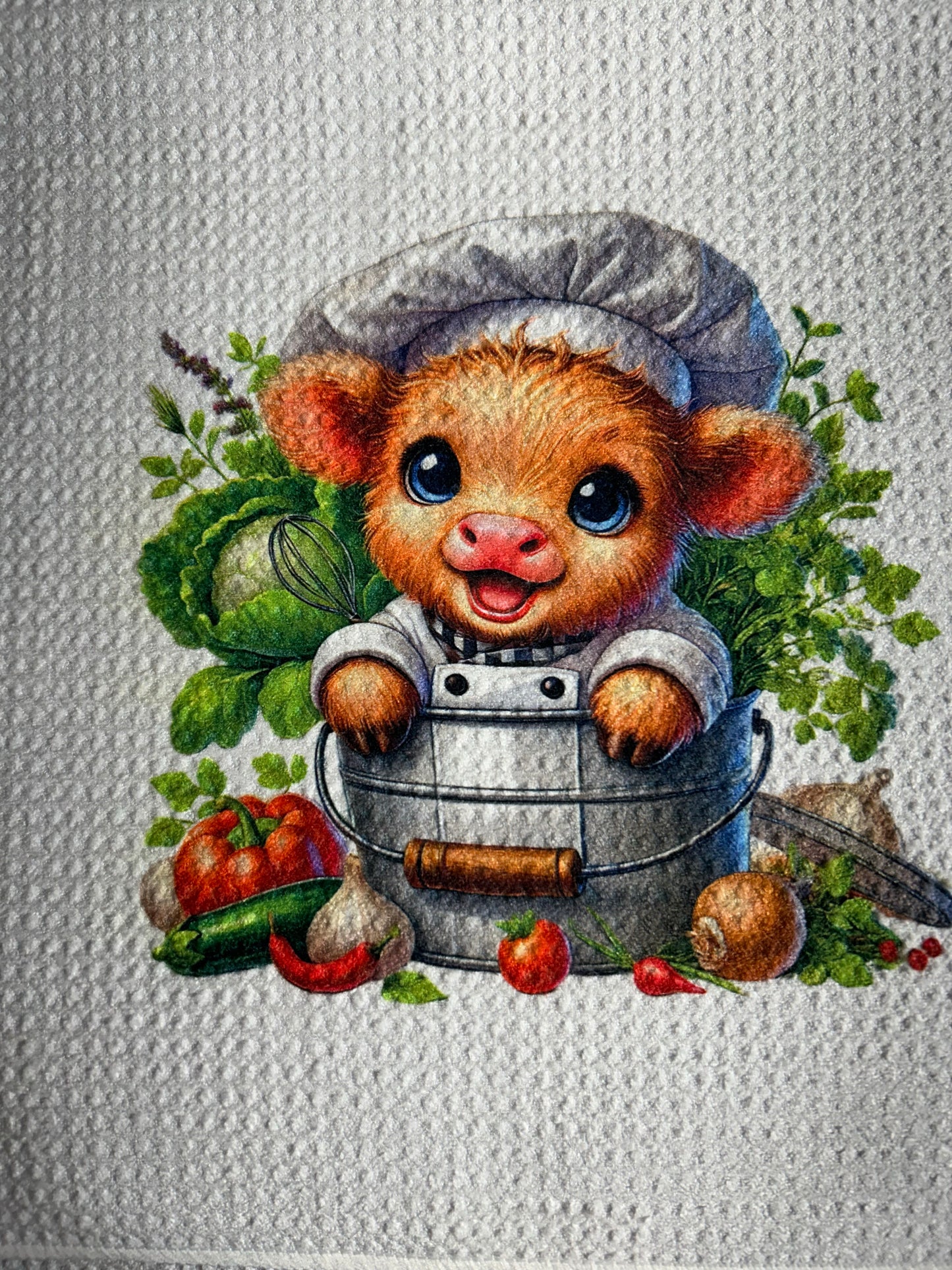 TOWELS - HIGHLAND COW CHEF VEGGIE PAIL