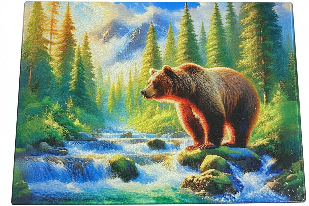 Tempered Glass Cutting Board Bear Standing by Waterfall
