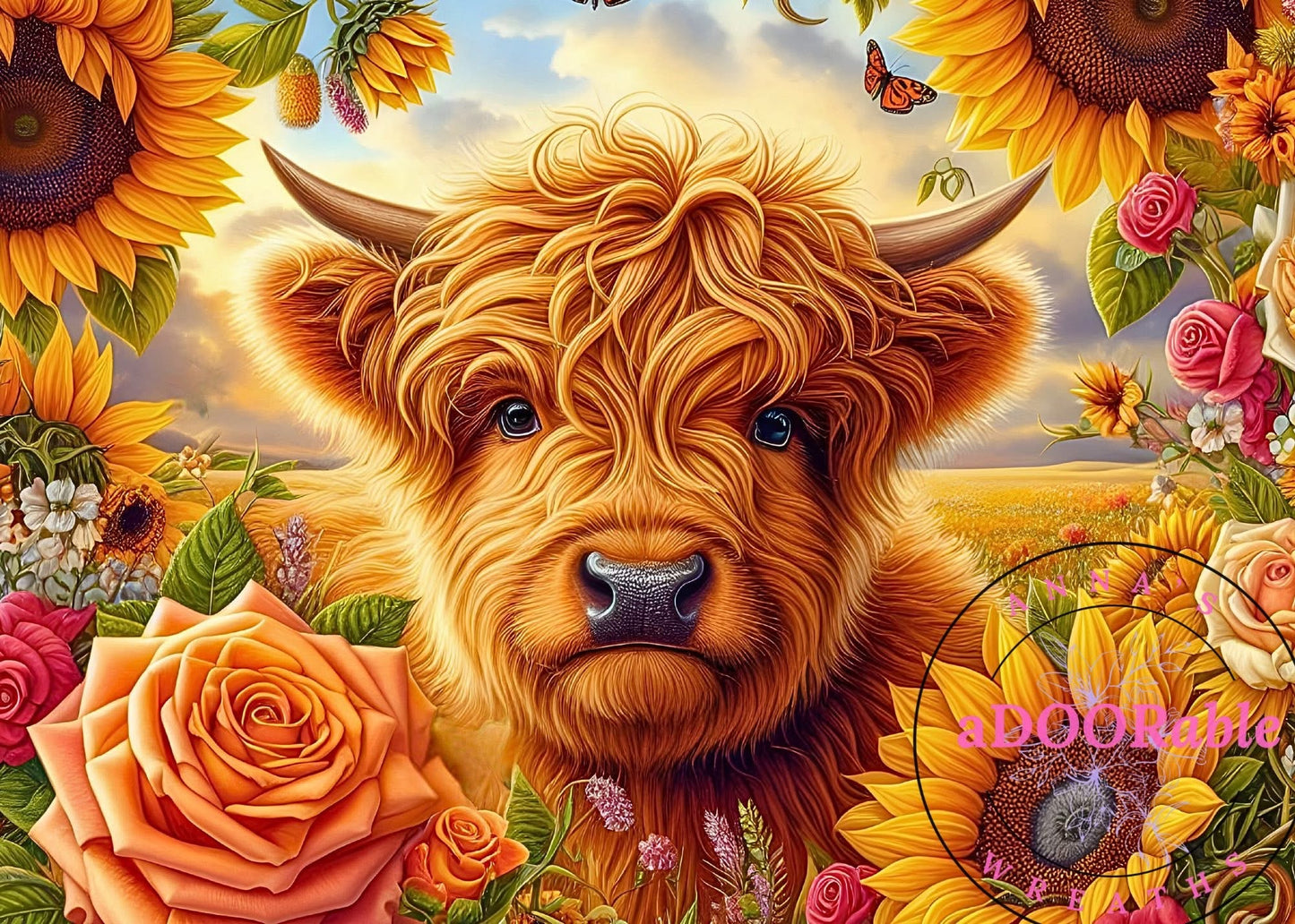 Tempered Glass Cutting Board Highland Cow Floral Fields