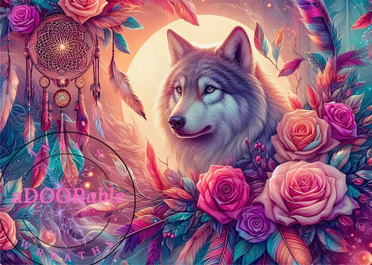 Tempered Glass Cutting Board Wolf Pink Flowers & Feathers