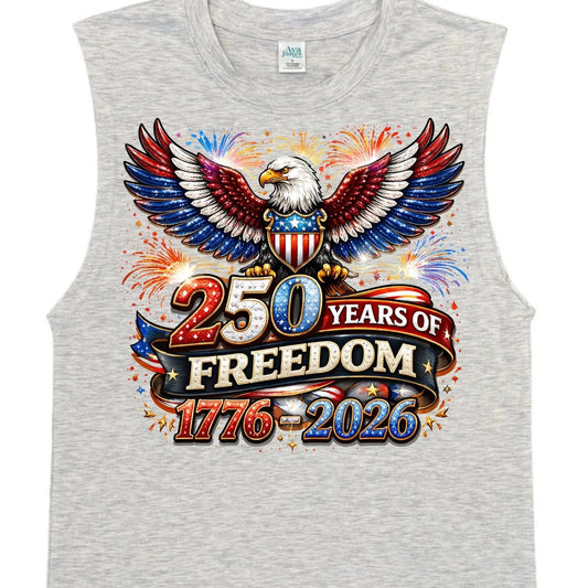 Gray sleeveless shirt with an eagle design celebrating 250 years of freedom, featuring the years 1776-2026.