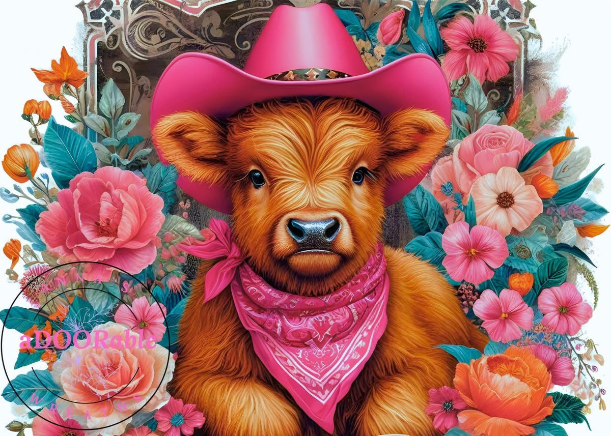 Tempered Glass Cutting Board Highland Cow Hat with Pink Bandana