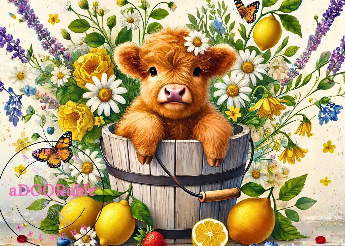 Tempered Glass Cutting Board Highland Cow in Bucket with Lemons