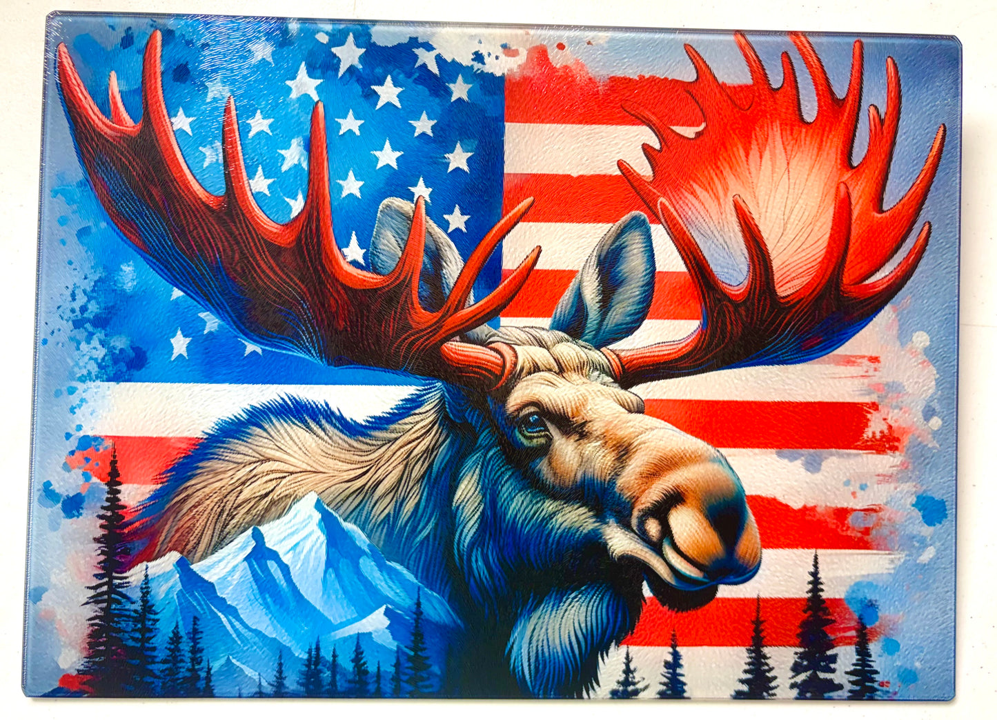 Tempered Glass Cutting Board Moose with American Flag