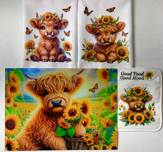 KITCHEN SET - HIGHLAND COW SUNFLOWERS