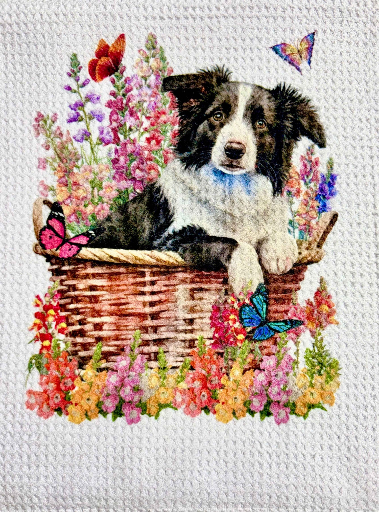TOWELS - DOG IN BASKET AND BUTTERFLIES