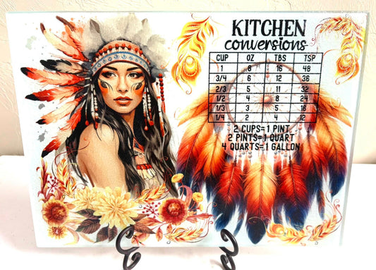 Tempered Glass Cutting Board Conversion Ladies Native American Woman Feathers