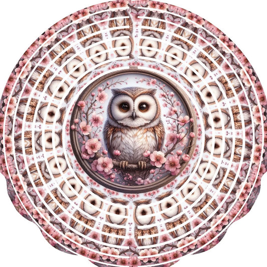 Wind Spinners with Jewel Strand Bird Owl Perched with Pink Flowers