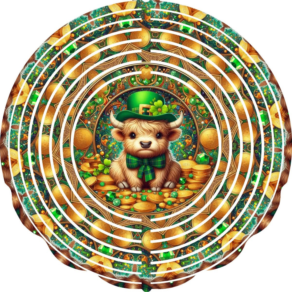 Wind Spinner with Jewel Strand St Patricks Day Highland Cow Gold
