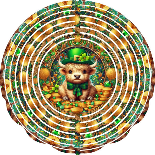 Wind Spinner with Jewel Strand St Patricks Day Highland Cow Gold