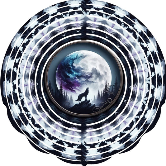 Wind Spinner with Jewel Wolf Moon Howling